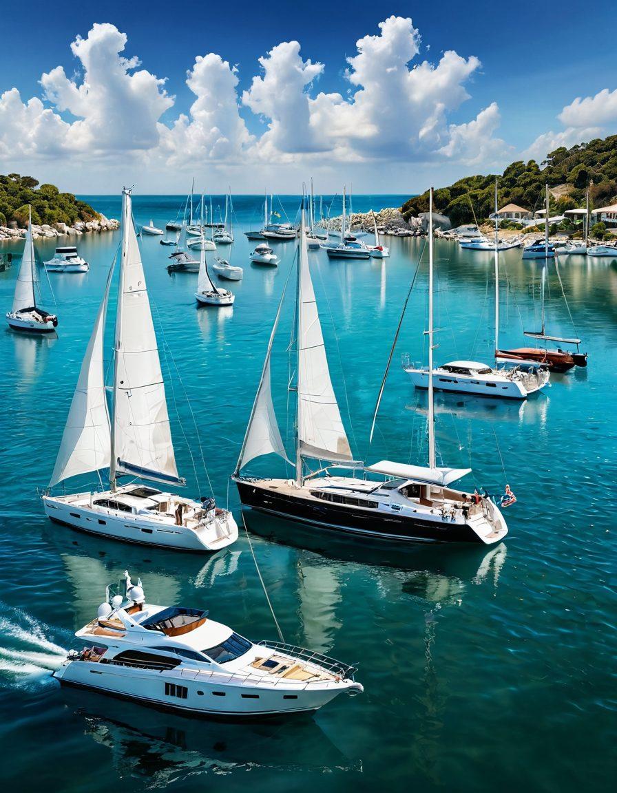 A serene yet dynamic marina scene showcasing a variety of yachts bobbing gently on crystal clear waters, with protective gear and devices visible on the vessels. Include a navigator examining charts, and weather elements subtly depicted in the sky. The overall atmosphere should convey safety and adventure in yachting. super-realistic. vibrant colors. white background.