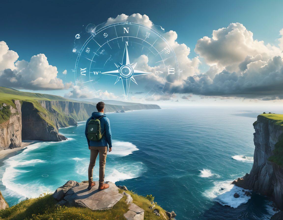 A traveler standing on a cliff overlooking a vast ocean, holding a compass in one hand and a map in the other, symbolizing the journey of navigating risks. The sky is filled with dynamic clouds, reflecting both uncertainty and adventure. In the foreground, various icons representing insurance coverage elements, like shields and umbrellas, subtly integrated into the landscape. The color palette features vibrant blues and greens to evoke a sense of exploration and safety. super-realistic. vibrant colors. 3D.