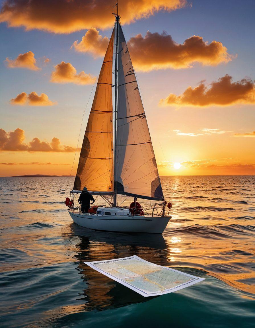 A serene ocean scene featuring a well-equipped sailboat with safety gear visible, such as life jackets and a first aid kit, gliding through calm waters. In the foreground, a navigator studying nautical charts and an insurance document, symbolizing preparedness. The background displays a beautiful sunset over the horizon, contrasting with the bright sail. Incorporate vibrant colors and a peaceful atmosphere to evoke a sense of safety and adventure. super-realistic. vibrant colors.